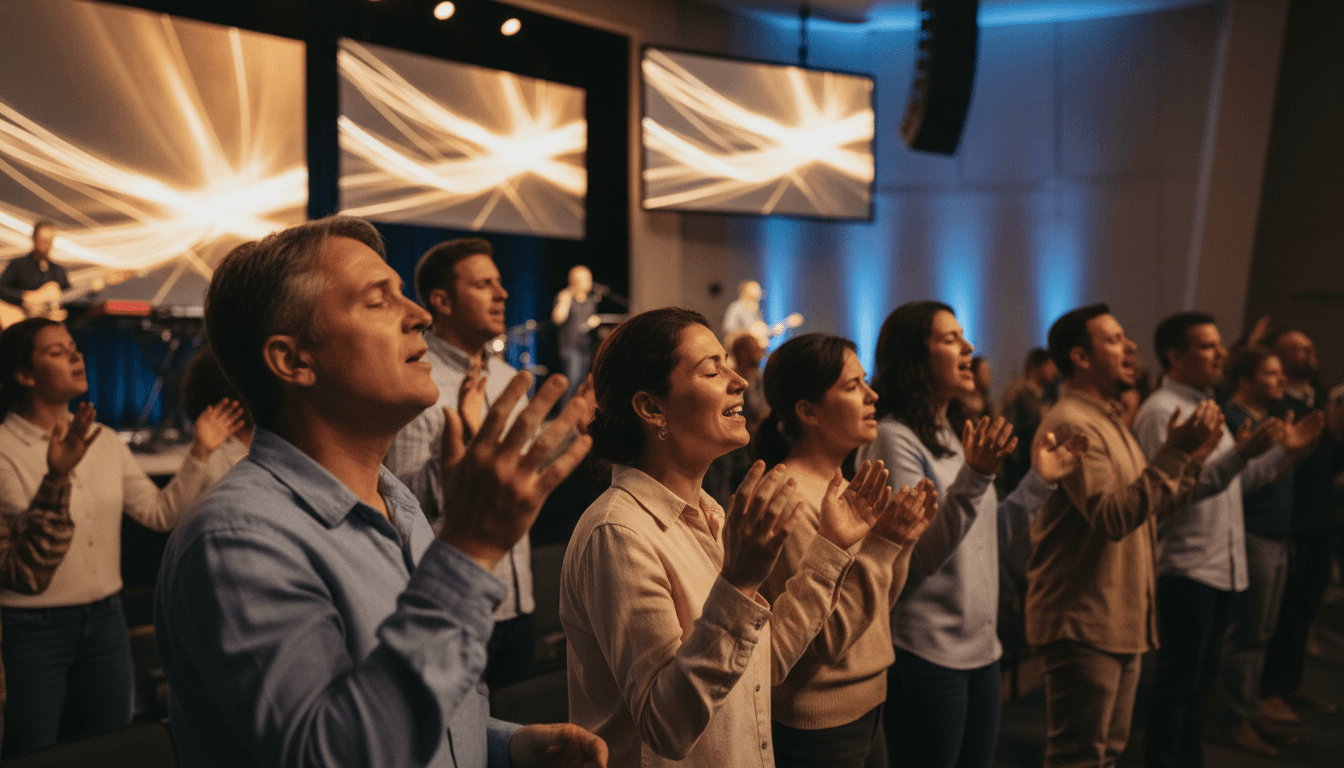 Speaker leading worship at Telos Experience gathering